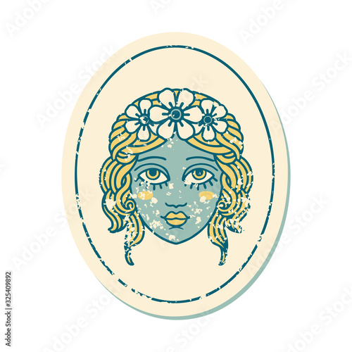 distressed sticker tattoo style icon of a maiden