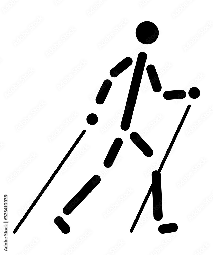 Silhouette of a walking man with trekking poles. Cartoon character drawing. Logotype. Nordic walking. Vector graphics Silhouette of a walking man with trekking poles. Cartoon character drawing. Logotype. Nordic walking. Vector graphics