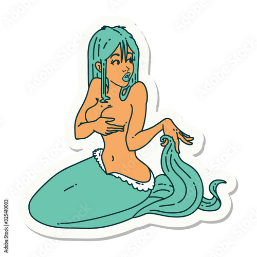 tattoo sticker of a surprised mermaid