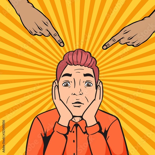 Pop art man guilty thief or robber with pointing hands on him vector comic illustration. Pop art retro comics cartoon kitsch drawing of shame, guilt and pity on yellow background.