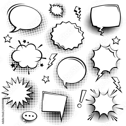 Collection of empty comic speech bubbles with halftone shadows. Hand drawn retro cartoon stickers. Pop art style. Vector illustration.