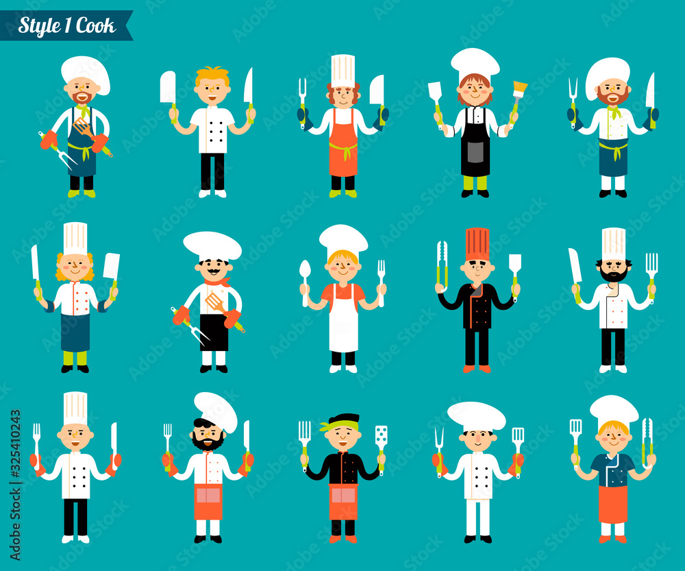 Vector set of professional kitchen staff, cook with a knife and cutlery in hand. Catering cuisine staff characters. In the flat style isolated on a blue background. Vector set of professional kitchen staff, cook with a knife and cutlery in hand. Catering cuisine staff characters. In the flat style isolated on a blue background.