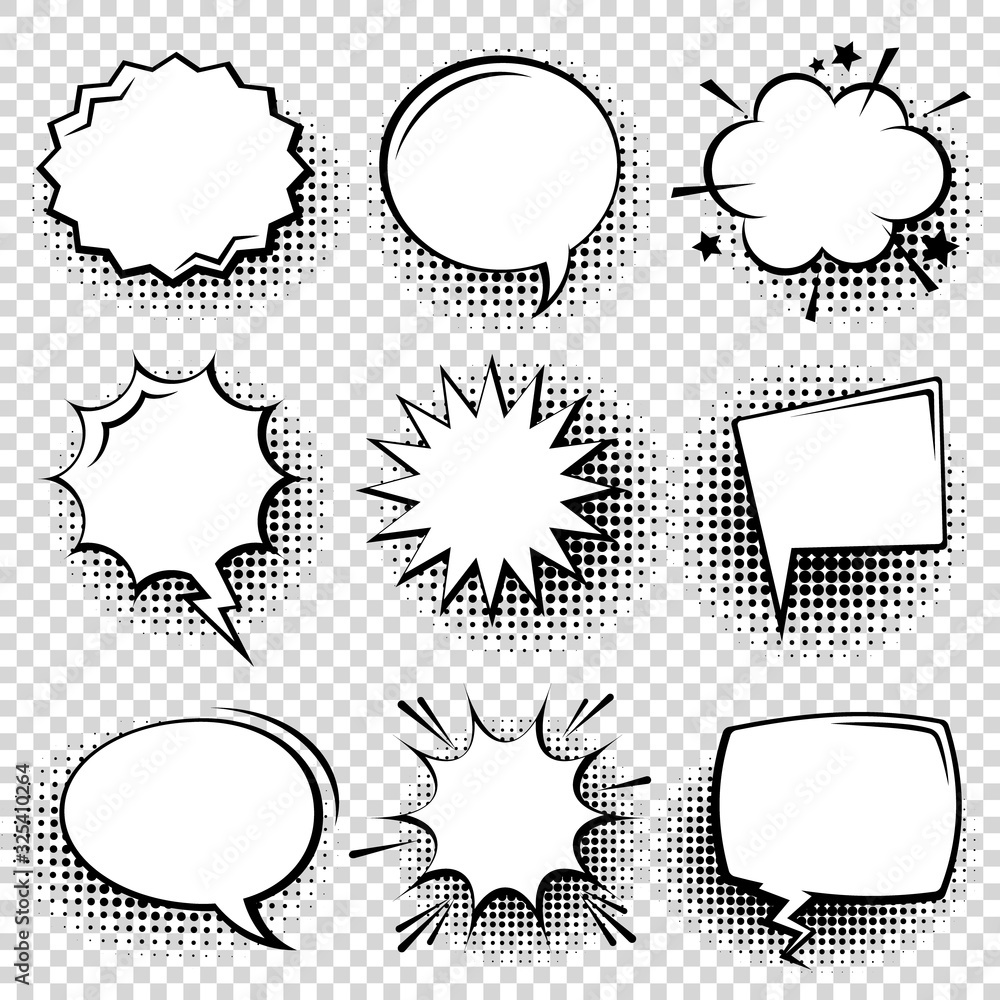 Fototapeta Collection of empty comic speech bubbles with halftone shadows. Hand drawn retro cartoon stickers. Pop art style. Vector illustration.