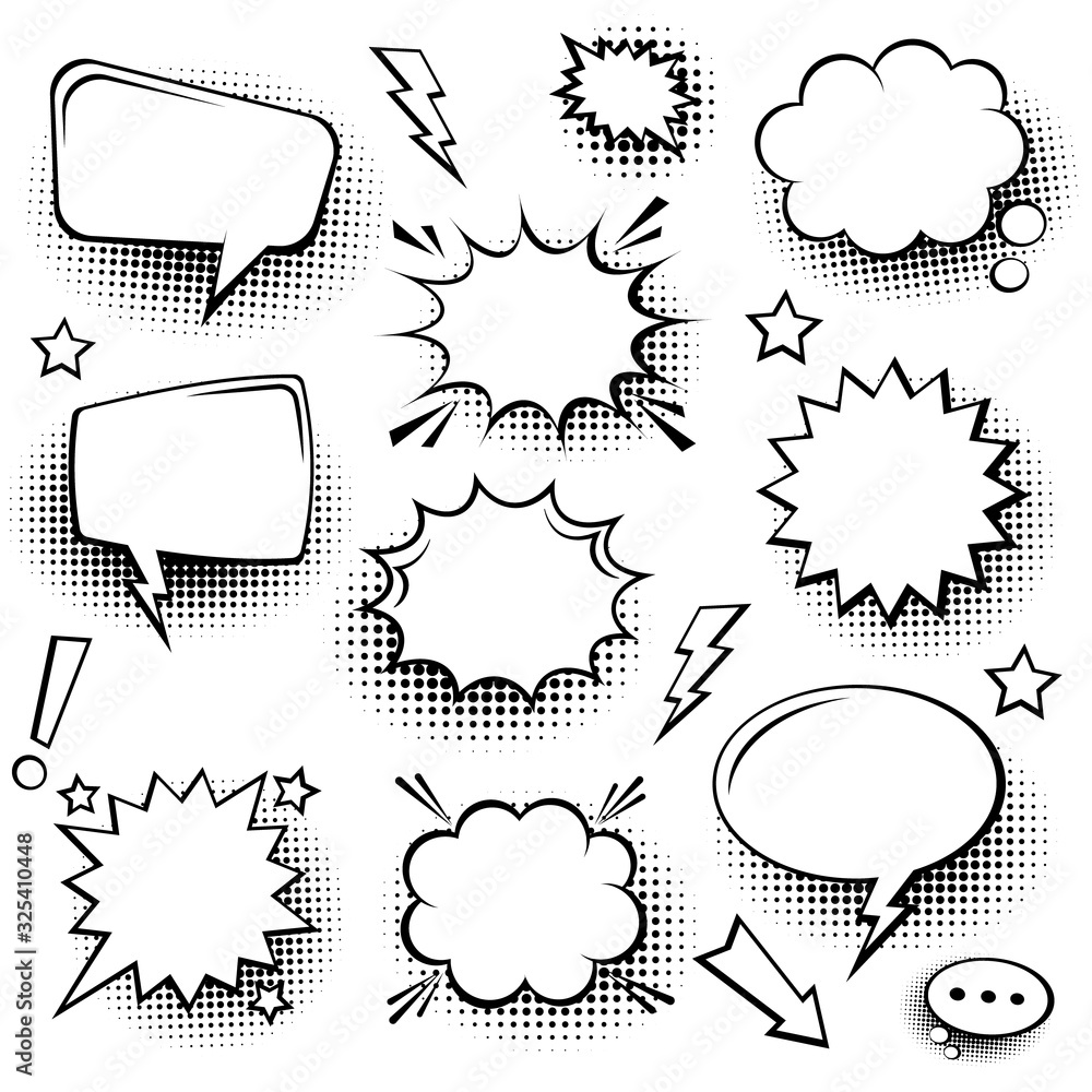 Fototapeta Collection of empty comic speech bubbles with halftone shadows. Hand drawn retro cartoon stickers. Pop art style. Vector illustration.
