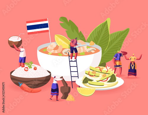 Traditional Thai Cuisine Concept. People in National Costumes and Tourists around Huge Dish Tom Yam Kung Soup with Shrimps, Rice in Bowl, Salad with Nuts and Cucumbers Cartoon Flat Vector Illustration
