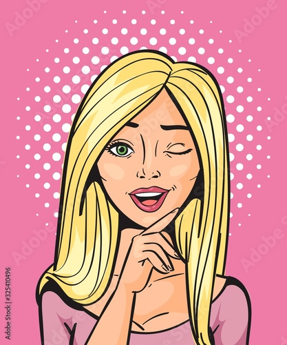 Sexy blonde woman comic pop art twinkle with one eye vector illustration. Dotted pink background in comic retro pop art style. Pop art woman smiling and twinkling banner.