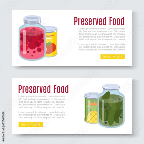 Cartoon canned, preserved and jar food banner horizontal set vector illustration. Conserved and preserved food concept flat design style. Nutrition vegetables and fruits in cans isolated on white.