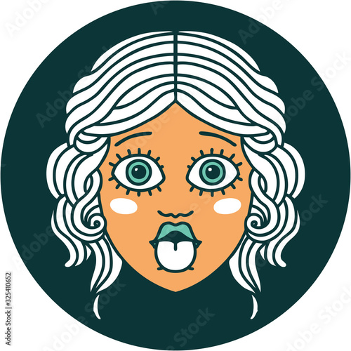 tattoo style icon of female face sticking out tongue