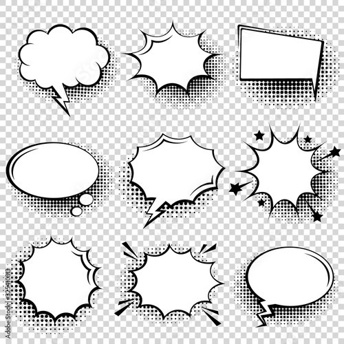 Collection of empty comic speech bubbles with halftone shadows. Hand drawn retro cartoon stickers. Pop art style. Vector illustration.