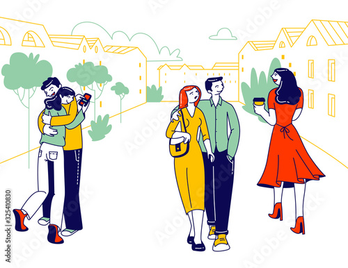 Treason, Perfidy and Love Triangle Concept. People with Soulmates Walking on Street Looking on other Attractive Persons. Angry Jealous Woman, Girl Chatting Cartoon Flat Vector Illustration, Line Art