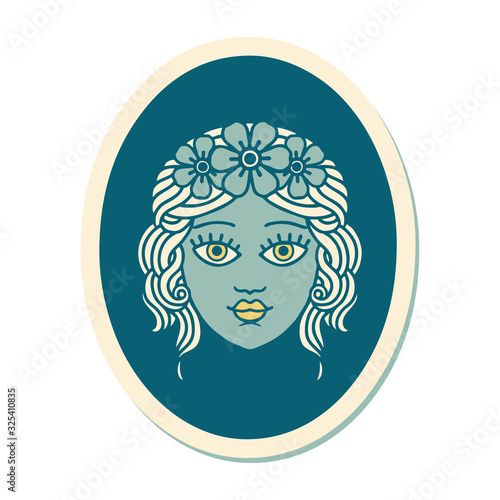 tattoo style sticker of a maiden with crown of flowers