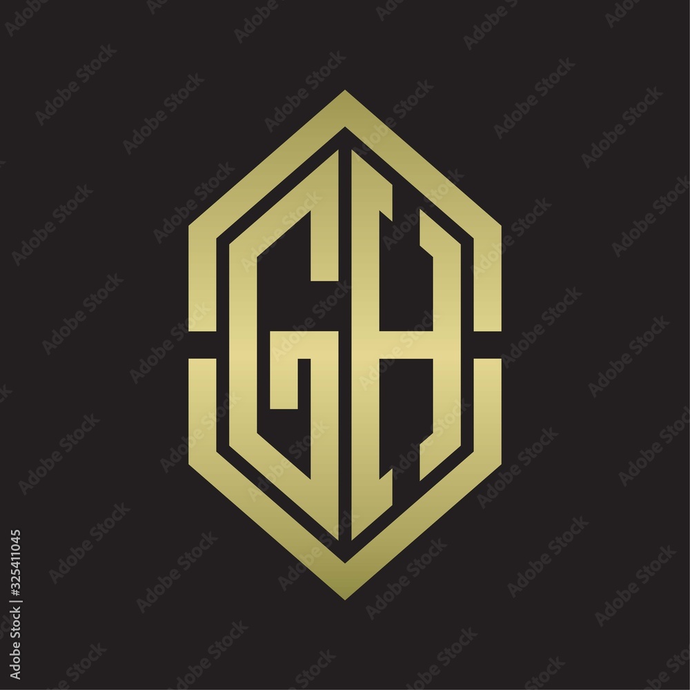 GH Logo monogram with hexagon shape and outline slice style with gold colors GH Logo monogram with hexagon shape and outline slice style with gold colors