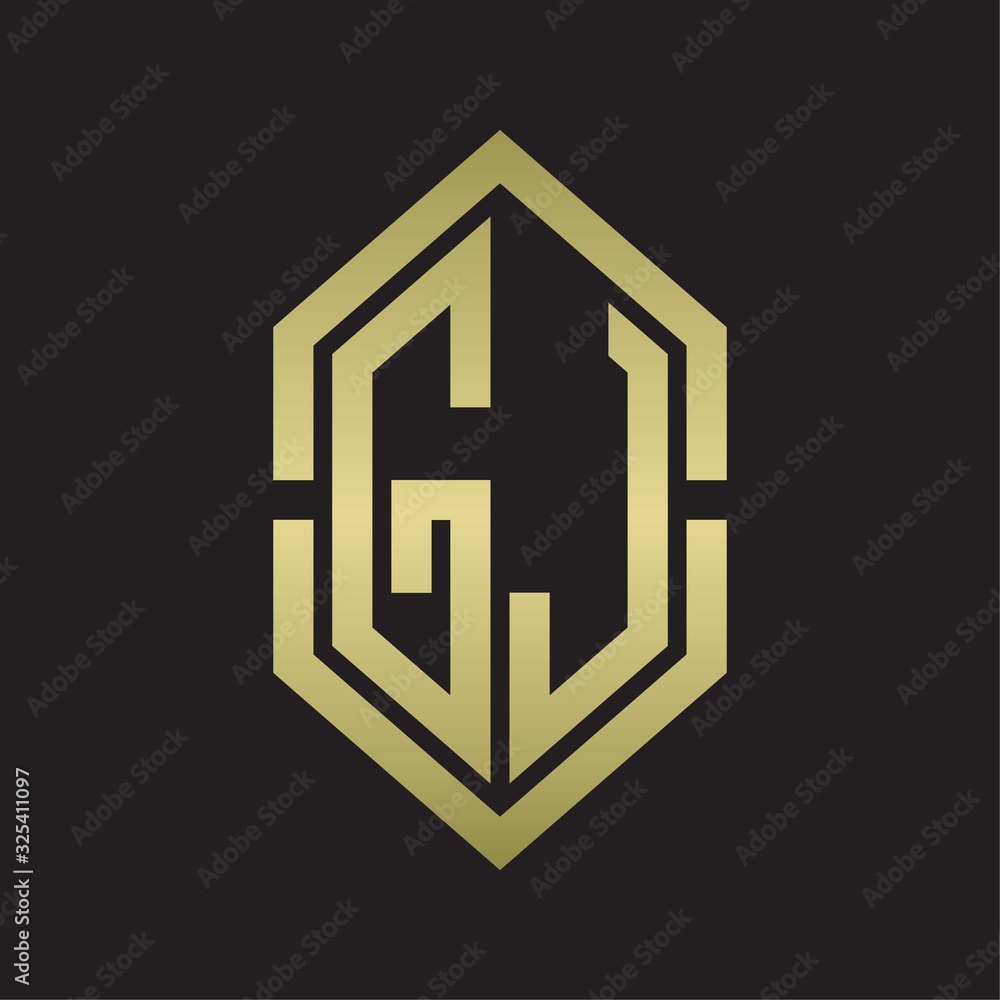 GJ Logo monogram with hexagon shape and outline slice style with gold colors GJ Logo monogram with hexagon shape and outline slice style with gold colors
