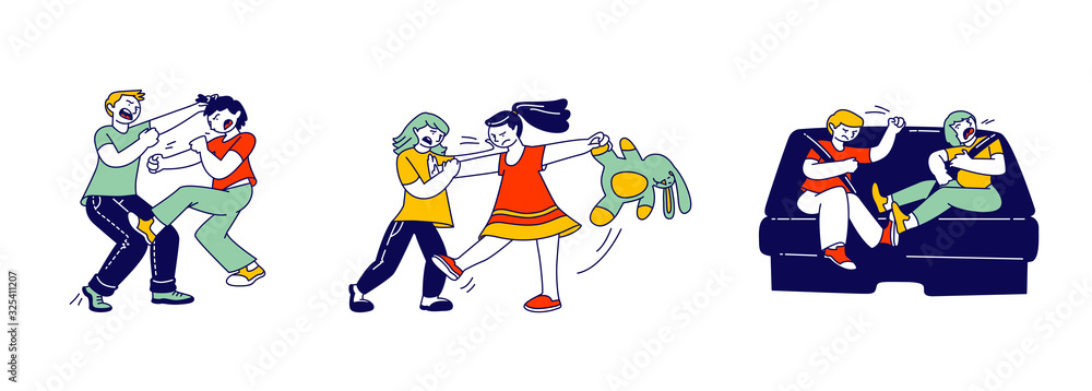 Little Kids Fighting and Quarreling at Playing Room, Classmates, Siblings or Friends Shouting and Hitting Each Other, Conflict Situation, Hyperactive Child, Cartoon Flat Vector Illustration, Line Art