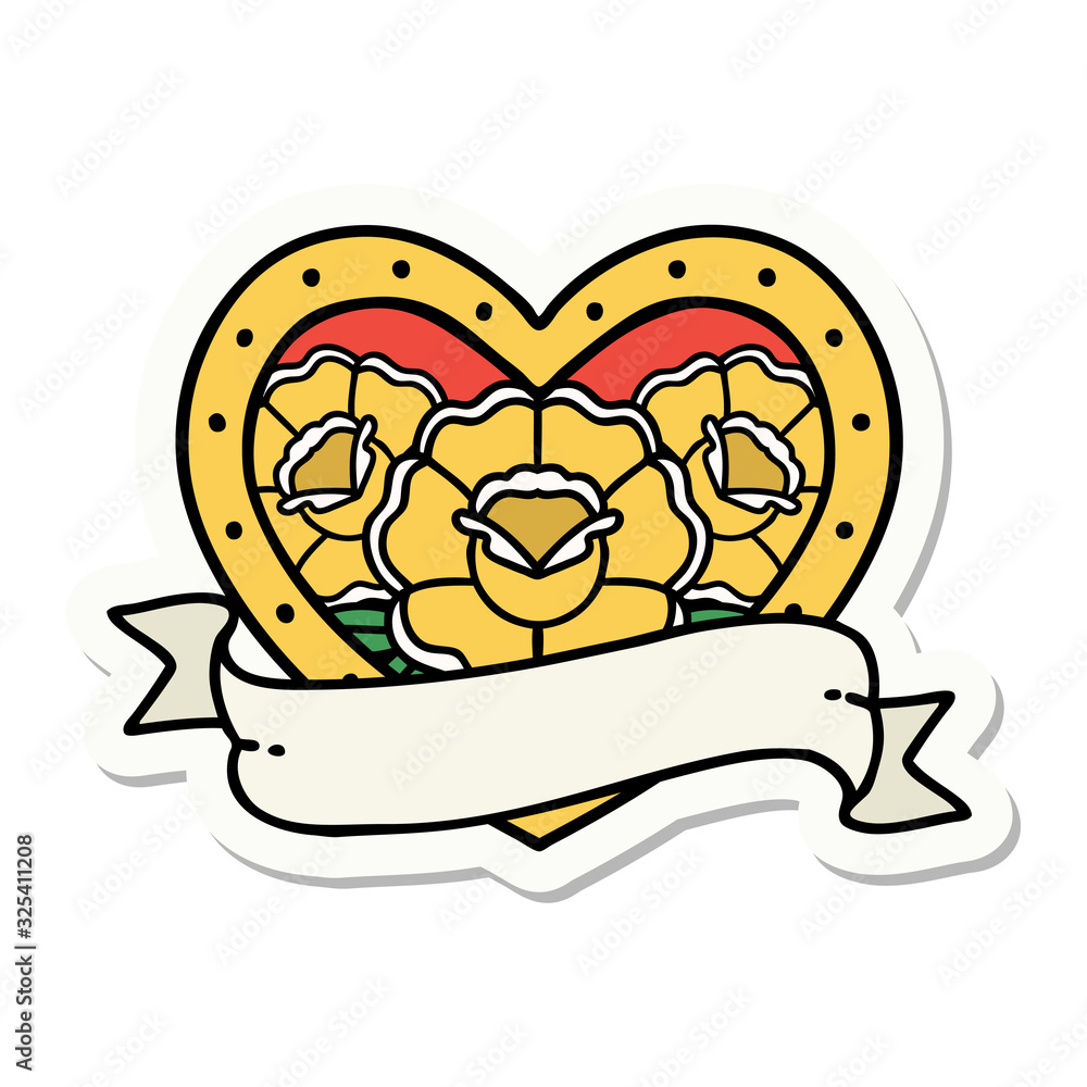 tattoo style sticker of a heart and banner with flowers tattoo style sticker of a heart and banner with flowers