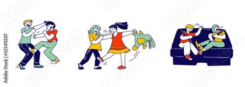 Little Kids Fighting and Quarreling at Playing Room, Classmates, Siblings or Friends Shouting and Hitting Each Other, Conflict Situation, Hyperactive Child, Cartoon Flat Vector Illustration, Line Art