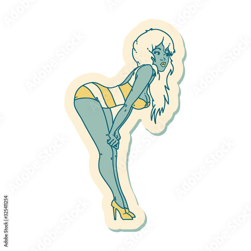 tattoo style sticker of a pinup girl in swimming costume