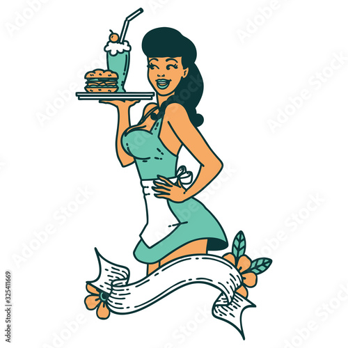 tattoo style icon of a pinup waitress girl with banner