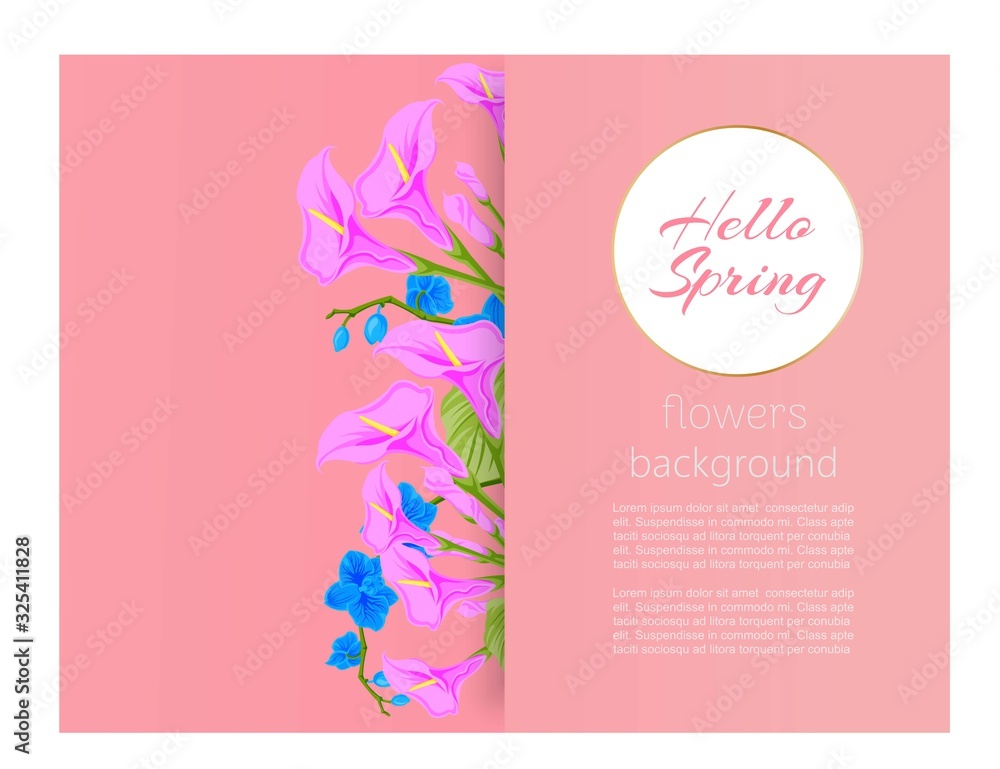 Hello spring floral pink background with flowers for romantic love card or poster and birthday cards, vector illustration. Hello spring flowers background cover or poster. Hello spring floral pink background with flowers for romantic love card or poster and birthday cards, vector illustration. Hello spring flowers background cover or poster.
