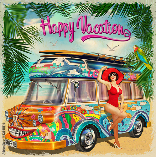 Summer holidays poster with retro bus and pin-up girl.