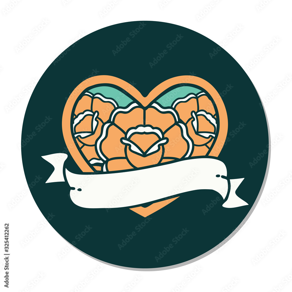 tattoo style sticker of a heart and banner with flowers
