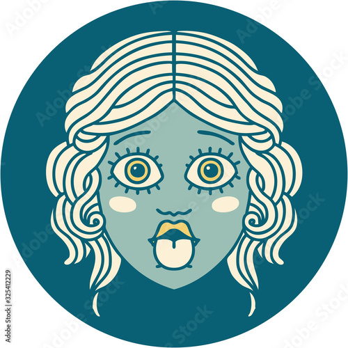 tattoo style icon of female face sticking out tongue