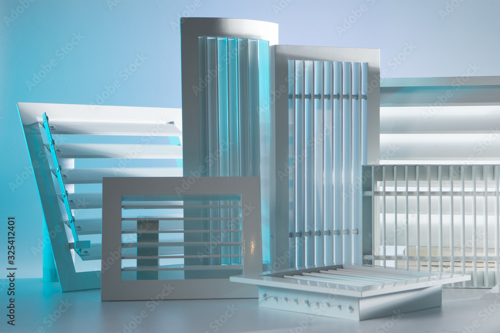 Different types of ventilation grilles on a white background. Plastic