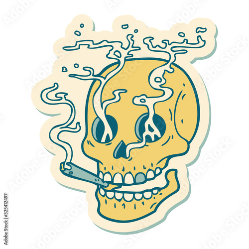 tattoo style sticker of a skull smoking