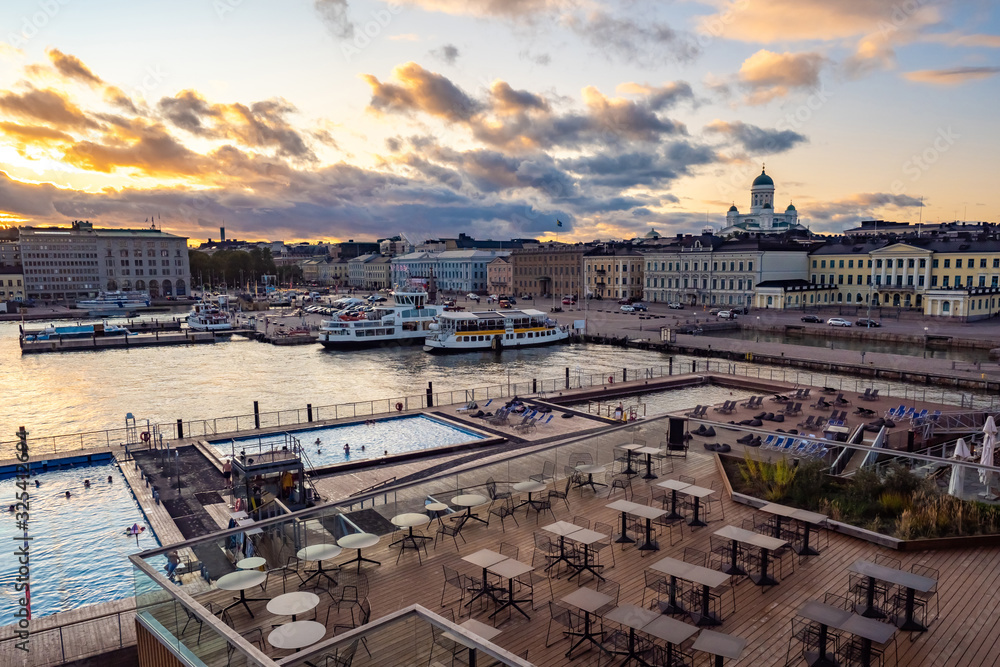 Helsinki. Finland. View of the Harbor of the Finnish capital. Outdoor pools and outdoor recreation area in Helsinki. Swimming pools in the cruise port. Travel to the countries of Scandinavia.