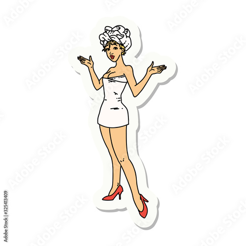 tattoo style sticker of a pinup girl in towels