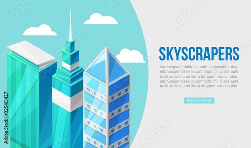 3D city with skyscrappers concept vector illustration web banner. Urban background with isometric blue glass windows skyscrappers. Perspective scene. Modern business centers or offices location.