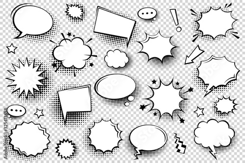 Collection of empty comic speech bubbles with halftone shadows. Hand drawn retro cartoon stickers. Pop art style. Vector illustration.