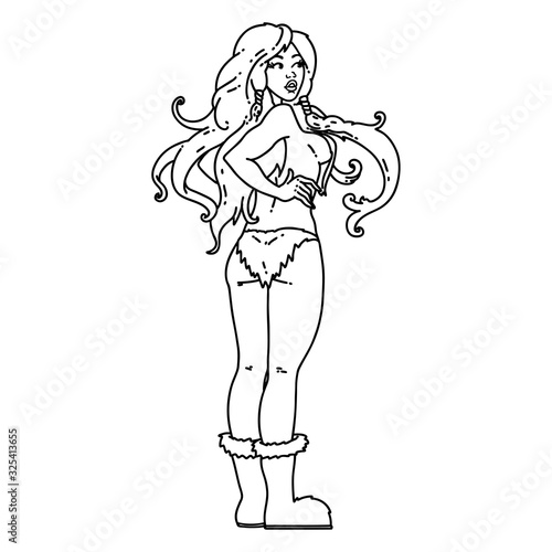 black line tattoo of a pinup viking girl