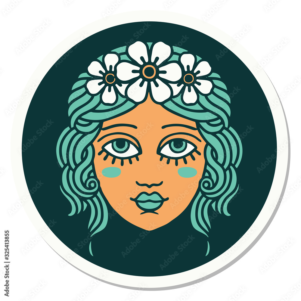 tattoo style sticker of female face with crown of flowers tattoo style sticker of female face with crown of flowers