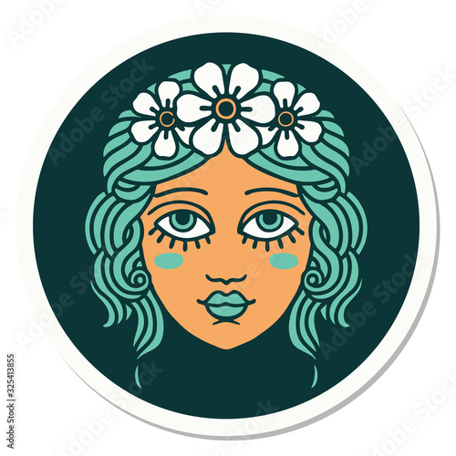tattoo style sticker of female face with crown of flowers