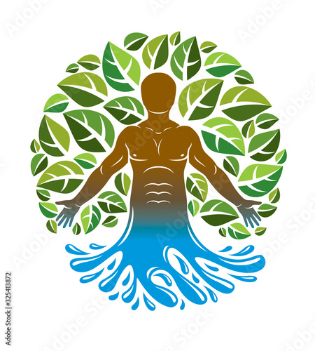 Vector graphic illustration of strong male, body silhouette standing in ocean wave and composed using green leaves. Raw food diet, no gm concept.