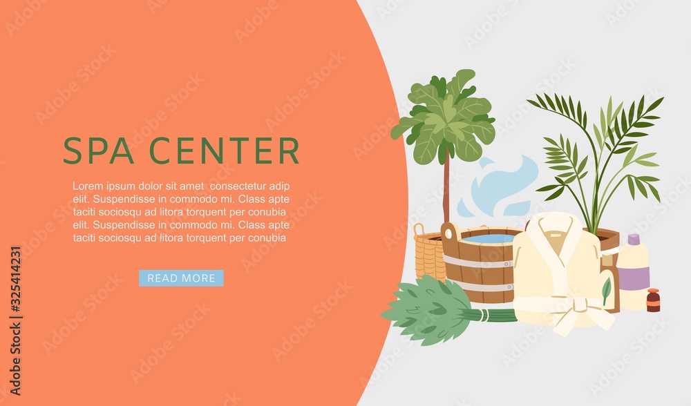Fototapeta Spa and sauna center banner vector illustration. Sauna and bath accessories web banner. Buckets, brooms, soaps and bathing cloth with plants and steam for relaxing in sauna.
