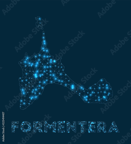 Formentera network map. Abstract geometric map of the island. Internet connections and telecommunication design. Radiant vector illustration.