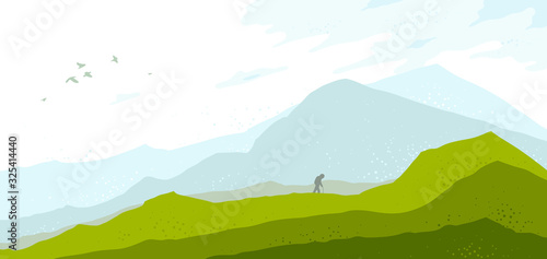Beautiful scenic nature landscape with traveler pilgrim vector illustration summer or spring season with grasslands meadows hills and mountains, hiking traveling trip to the countryside concept.