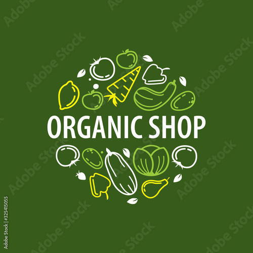 Vector logo design template with fruit and vegetable icons in trendy linear style - abstract emblem for organic shop, healthy food store or vegetarian cafe