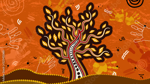 Tree on the hill, An illustration based on aboriginal style of background depicting nature.