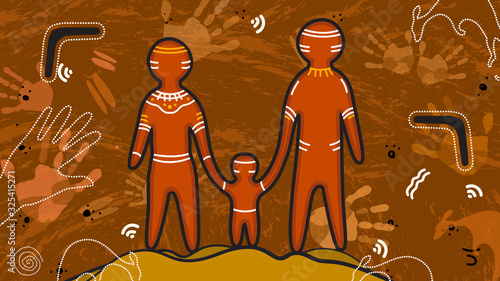 Aboriginal art showing the concept of a small and happy family.