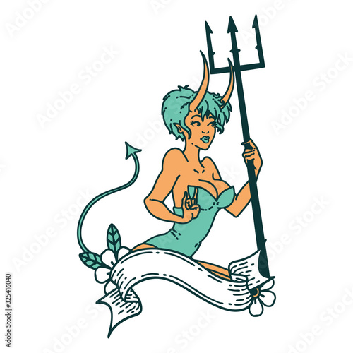 tattoo style icon  of a pinup devil girl with banner