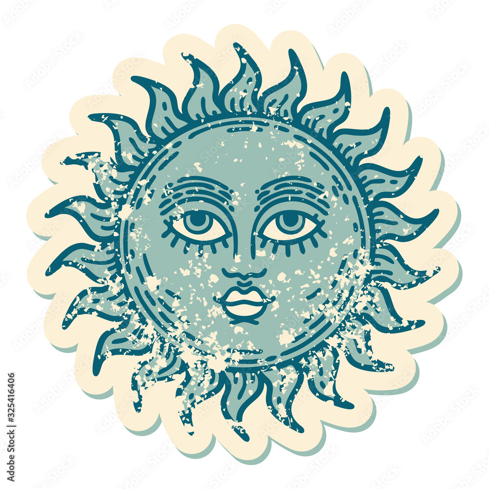 distressed sticker tattoo style icon of a sun with face