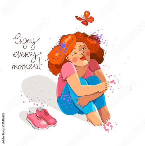 Cute adorable happy woman sitting barefoot on a ground isolated on white, enjoy every moment of life concept, allow yourself to dream, rest and calm, ease and laze.