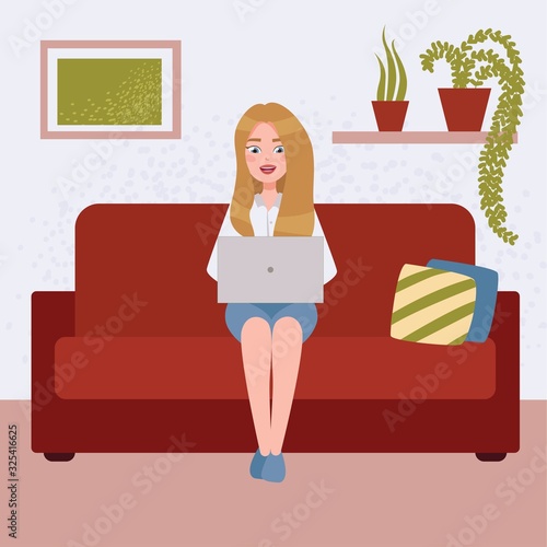 Vector illustration of a woman or a girl stting on the sofe in interier with plants on background. Frelanse, using laptop for chatting or talking or for job. Work online