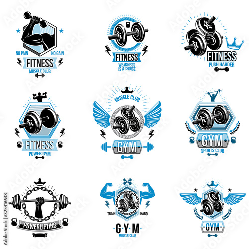 Vector fitness workout theme logotypes and inspiring posters collection created with dumbbells, barbells, disc weights sport equipment and muscular sportsman body silhouettes.