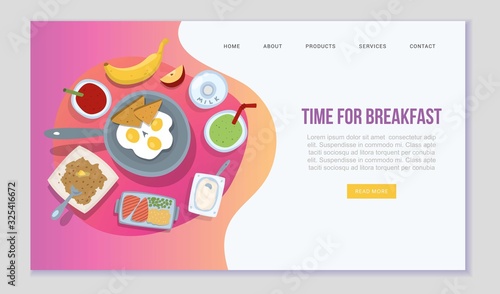 Time for breakfast web template vector illustration. Morning food cafe or restaurant menu. Breakfast dishes collection with eggs, bread, oatmeal, fruits, healthy morning menu website.