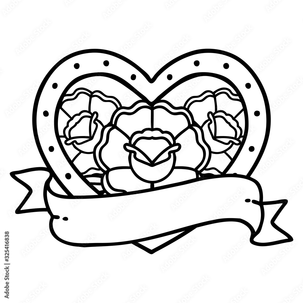 black line tattoo of a heart and banner with flowers black line tattoo of a heart and banner with flowers