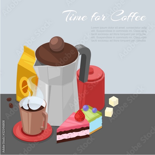 Time for coffee vector cartoon illustration. Morning coffee with kettle, chocolate cake, milk and sugar. Coffee break poster for cafe and restaurant. Time to drink coffee.